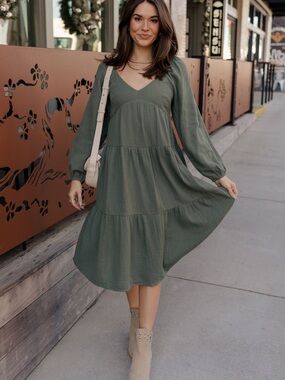 Lizard Thicket Selene Olive Gauze Tiered Midi Dress - Boho Long Sleeve- Medium